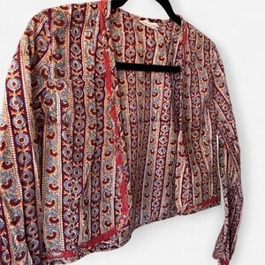 Anokhi paisley patterned red, yellow & brown cropped cardigan Coachella Sz S